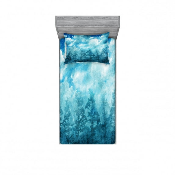 Ambesonne Blue Fitted Sheet & Pillow Sham Set, Grunge Sky Foggy Night, Twin, Blue Teal