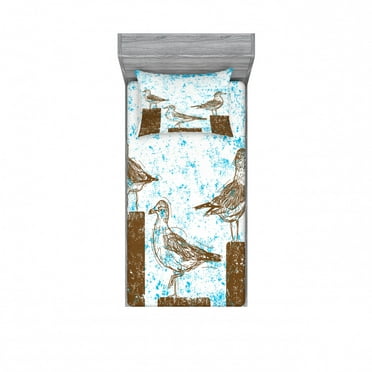 Ambesonne Blue Fitted Sheet & Pillow Sham Set, Grungy Sketch Seagulls, Twin, Blue White Brown