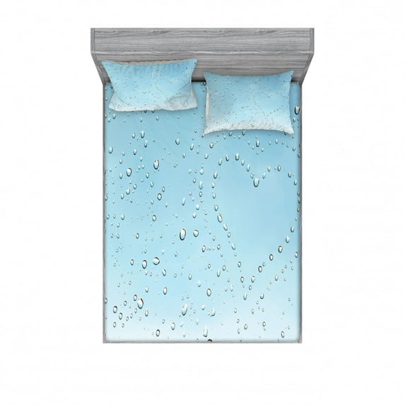 Ambesonne Blue Fitted Sheet & Pillow Sham Set, Heart from Droplets Rain, Queen, Blue