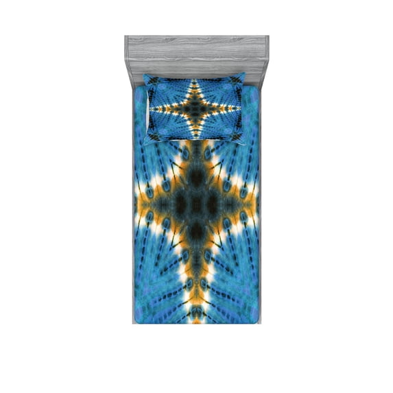 Ambesonne Blue Fitted Sheet & Pillow Sham Set, Ikat Pattern, Twinxl, Blue Orange