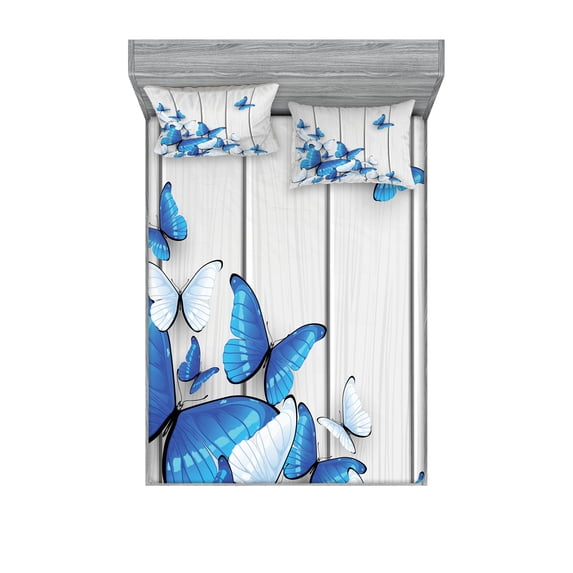 Ambesonne Blue Fitted Sheet & Pillow Sham Set, Insect Wooden Timber, King, Grey White Blue