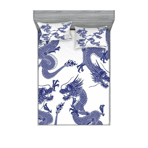 Ambesonne Blue Fitted Sheet & Pillow Sham Set, Japanese Dragons Mythical, Queen, Blue