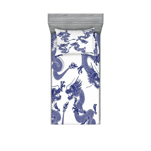Ambesonne Blue Fitted Sheet & Pillow Sham Set, Japanese Dragons Mythical, Twin, Blue