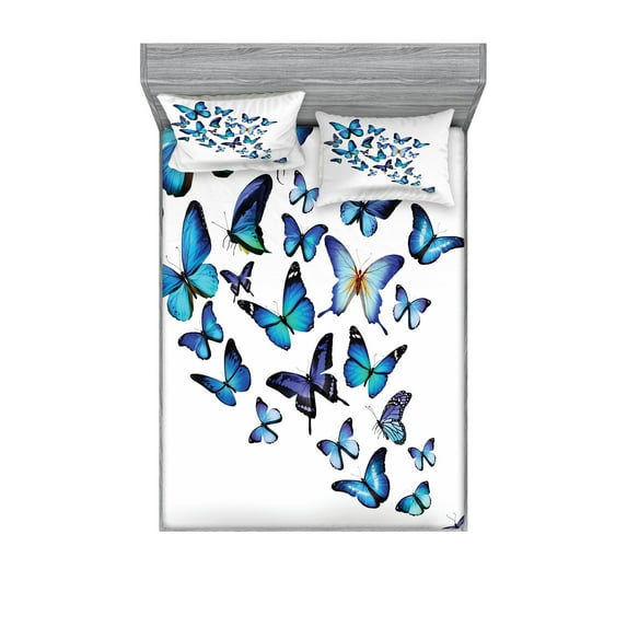 Ambesonne Blue Fitted Sheet & Pillow Sham Set, Nature Botanic Spring, Queen, Blue Sky Blue Black