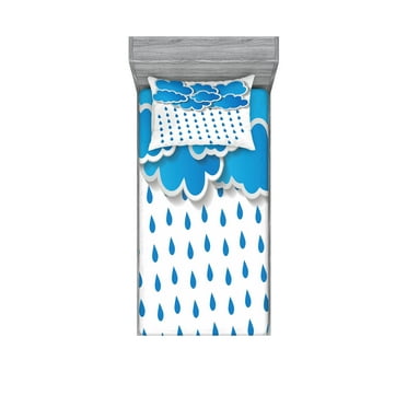 Ambesonne Blue Fitted Sheet & Pillow Sham Set, Puffy Clouds Rainy Day, Twinxl, Blue White