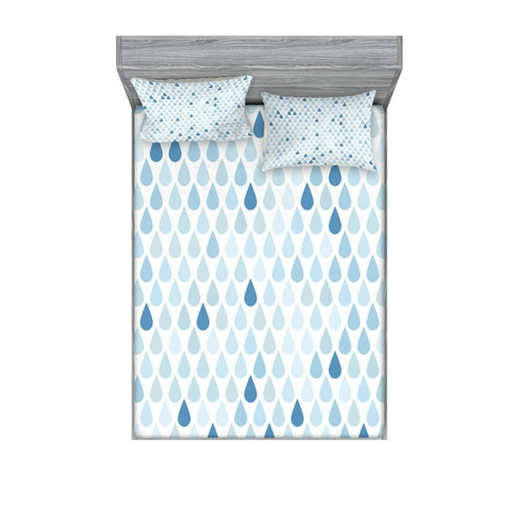 Ambesonne Blue Fitted Sheet & Pillow Sham Set, Raindrops White Navy, Calking, Pale Blue