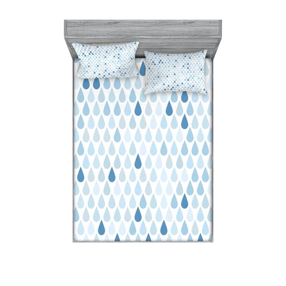 Ambesonne Blue Fitted Sheet & Pillow Sham Set, Raindrops White Navy, Full, Pale Blue