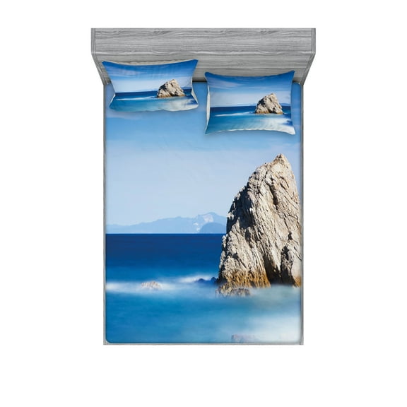 Ambesonne Blue Fitted Sheet & Pillow Sham Set, Rock in Ocean Serenity, Full, Turquoise Grey
