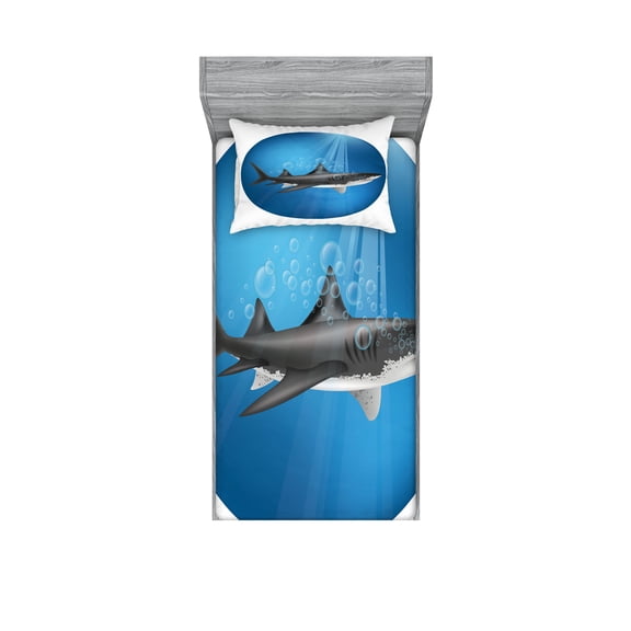 Ambesonne Blue Fitted Sheet & Pillow Sham Set, Shark Underwater Hunter, Twin, Blue Grey