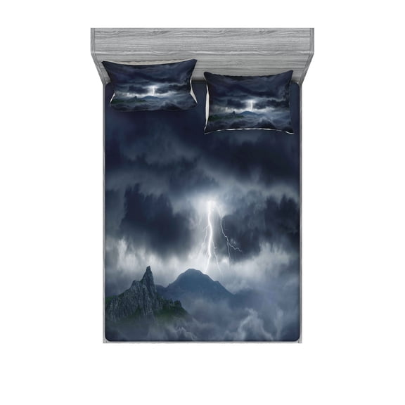 Ambesonne Blue Fitted Sheet & Pillow Sham Set, Stromy Sky over Mountains, Queen, Blue