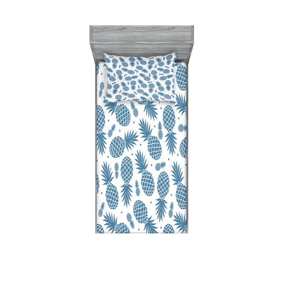 Ambesonne Blue Fitted Sheet & Pillow Sham Set, Tropical Fruit Pineapple, Twinxl, Blue White
