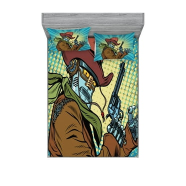 Ambesonne Blue Fitted Sheet & Pillow Sham Set, Western Style Robot Cowboy, Queen, Petrol Blue and Brown