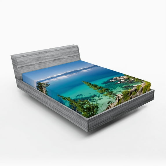 Ambesonne Blue Fitted Sheet, Tranquil Tahoe Shoreline, Queen Size, Blue Grey Green