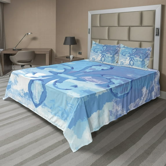 Ambesonne Blue Fitted & Top Sheet Set with Shams, France Fleur de Lis, Blue