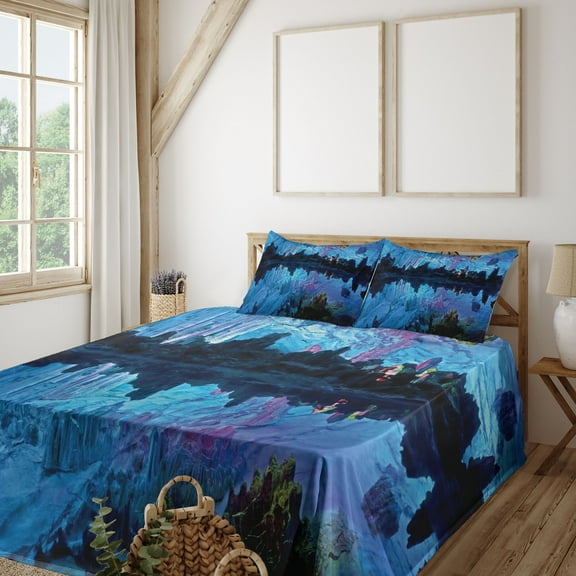 Ambesonne Blue Fitted & Top Sheet Set with Shams, Reed Cistern Cave, Blue