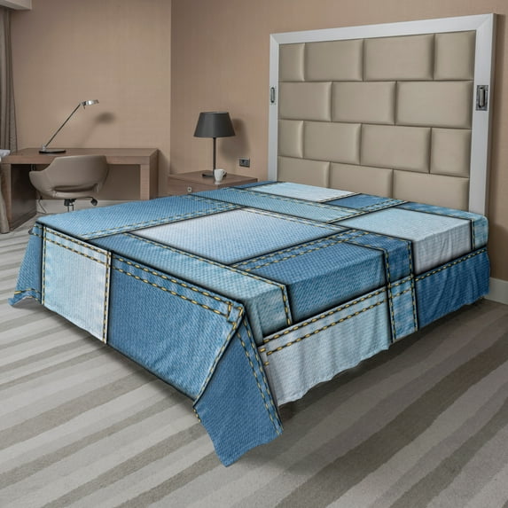 Ambesonne Blue Flat Sheet, Denim Patchwork Pattern, Queen Size, Blue