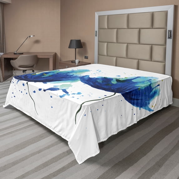 Ambesonne Blue Flat Sheet, Watercolor Modern Floral Art, Queen Size, Pale Blue and Blue