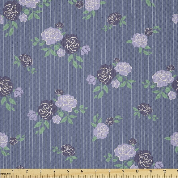 Ambesonne Blue Floral Fabric by the Yard Microfiber, English Roses on Lines, 1 Yard, Laurel Green and Lavender