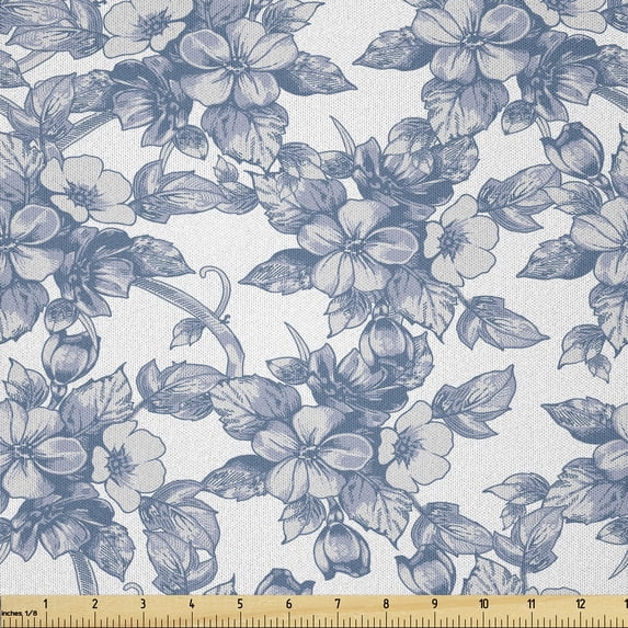 Ambesonne Blue Floral Fabric by the Yard Microfiber, Retro Apple Blossoming, 5 Yards, Coconut and White