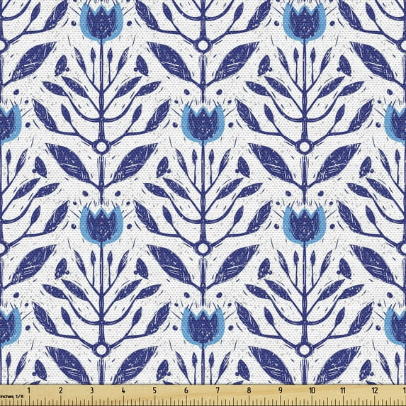 Ambesonne Blue Floral Fabric by the Yard Upholstery, Grunge Art Folk Tulip, 1 Yard, Dark Violet and White