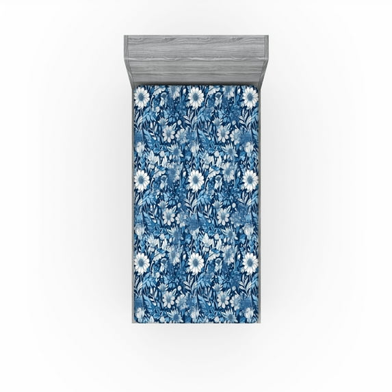 Ambesonne Blue Floral Fitted Sheet, Ethnic Meadow Daisy Art, Twin Size, Dark Sky Blue and White