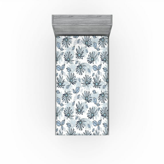 Ambesonne Blue Floral Fitted Sheet, Pastel Summer Flowers, Twin Size, Pale Blue Off White