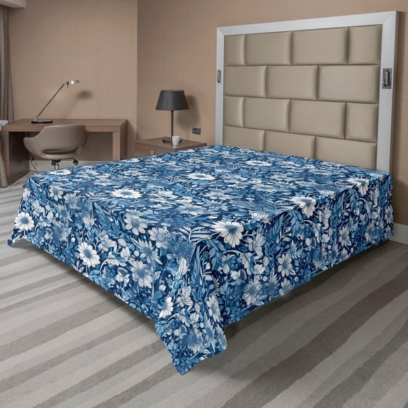 Ambesonne Blue Floral Flat Bedding Sheet Soft Top Sheet, Ethnic Meadow Daisy Art, Queen, Dark Sky Blue and White