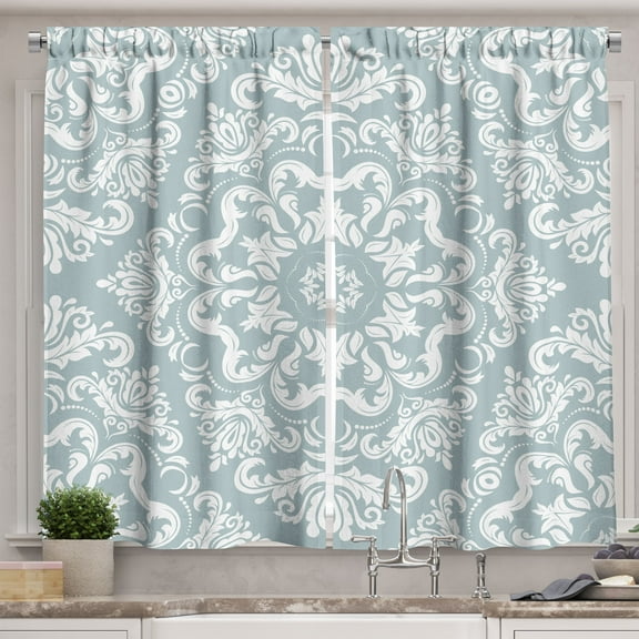 Ambesonne Blue Floral Kitchen Curtains, Classic Damask Bohemian, 55"x24", Pale Seafoam White