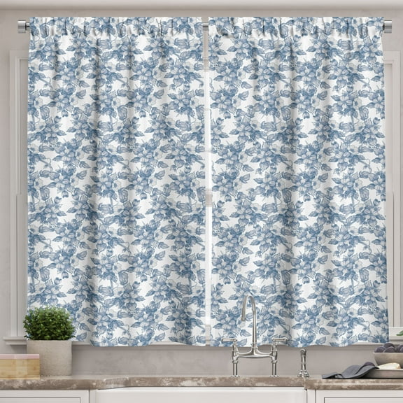 Ambesonne Blue Floral Kitchen Curtains, Retro Apple Blossoming, 55"x36", Coconut and White
