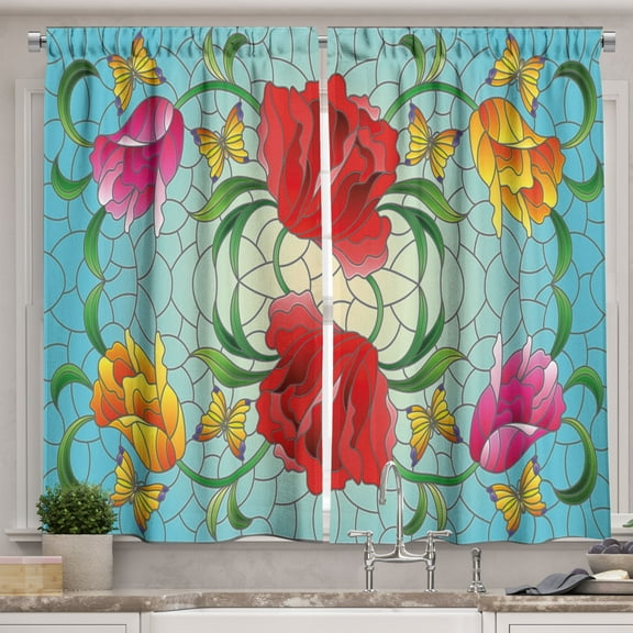 Ambesonne Blue Floral Kitchen Curtains, Stained Glass Flowers, 55"x30", Turquoise and Multicolor