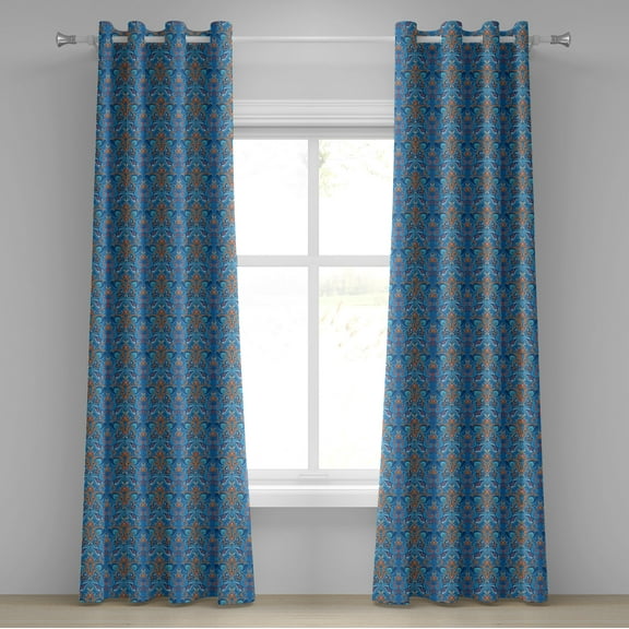 Ambesonne Blue Grommet Curtain, Abstract Floral Ornaments, 50" x 84", Blue Orange Coral