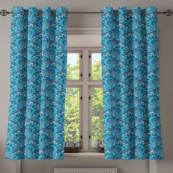 Ambesonne Blue Grommet Curtain, Boho Bouquet Ornate Swirls, 50" x 54", Blue Mauve and White