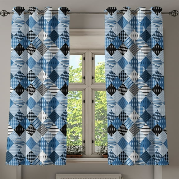Ambesonne Blue Grommet Curtain, Diamond Shaped Patchworks, 50" x 63", Blue Black