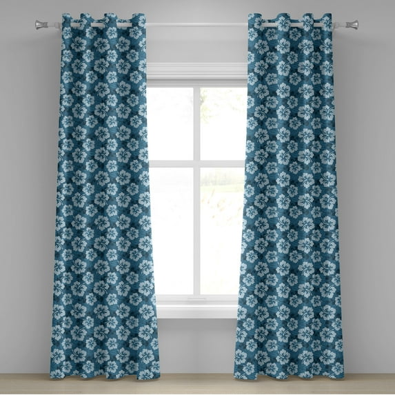 Ambesonne Blue Grommet Curtain, Exotic Hawaiian Hibiscus, 50" x 108", Petrol Blue Pale Blue