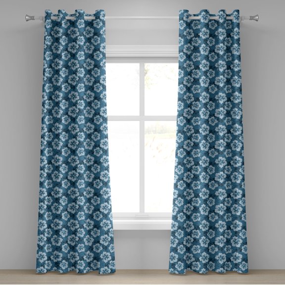 Ambesonne Blue Grommet Curtain, Exotic Hawaiian Hibiscus, 50" x 72", Petrol Blue Pale Blue