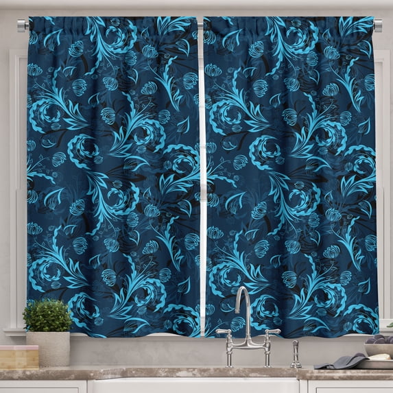 Ambesonne Blue Kitchen Curtains, Damask Inspired Abstract, 55"x45", Indigo Aqua