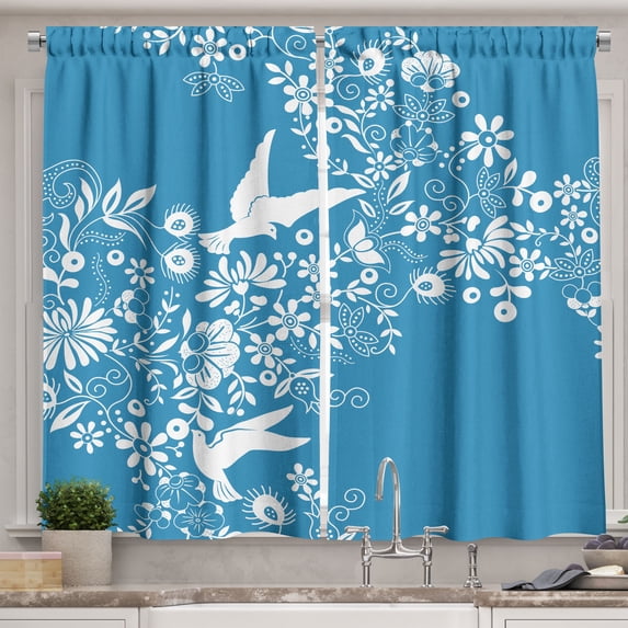 Ambesonne Blue Kitchen Curtains, Flowers Flying Doves, 55"x39", Blue White