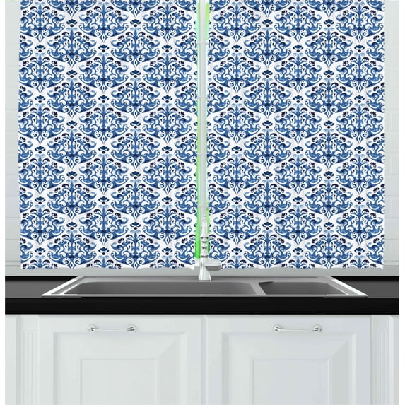 Ambesonne Blue Kitchen Curtains, Indigo Victorian Design, 55"x39", Petrol Blue Turquoise