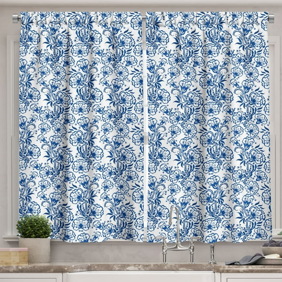 Ambesonne Blue Kitchen Curtains, Russian Gzhel Style Flora, 55"x45", Cobalt Blue White