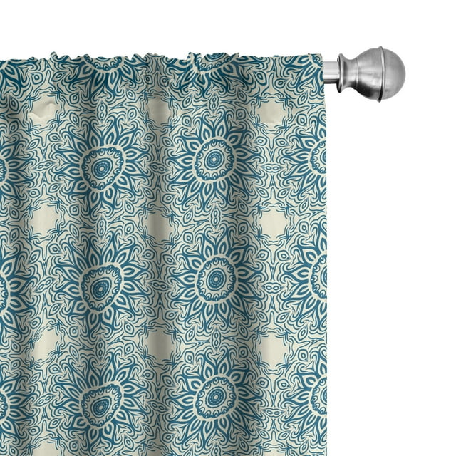 Ambesonne Blue Mandala 4-Panel Curtains, Curly Folk Flowers, 56"x63", Ivory and Petrol Blue