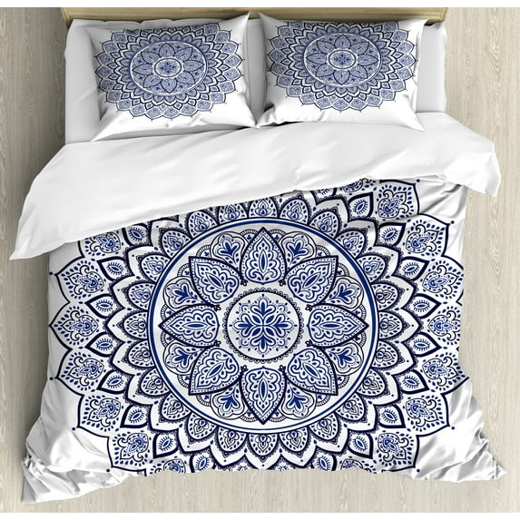 Ambesonne Blue Mandala Duvet Cover Sets, Meditative Floral Art, 2-King, Night Blue and White