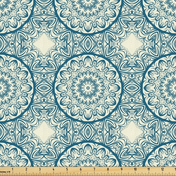 Ambesonne Blue Mandala Fabric by the Yard Upholstery, Abstract Oriental Art, 5 Yards, Ivory and Sea Blue