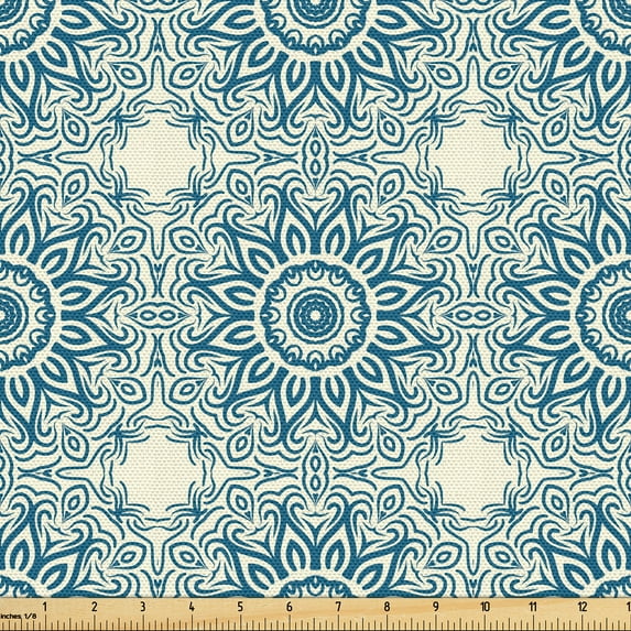 Ambesonne Blue Mandala Fabric by the Yard Upholstery, Curly Folk Flowers, 10 Yards, Ivory and Petrol Blue