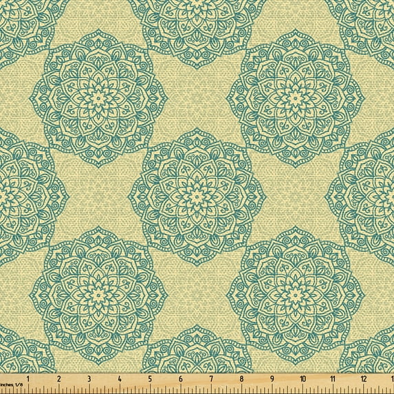 Ambesonne Blue Mandala Fabric by the Yard Upholstery, East Flower Element, 10 Yards, Laurel Green and Cream
