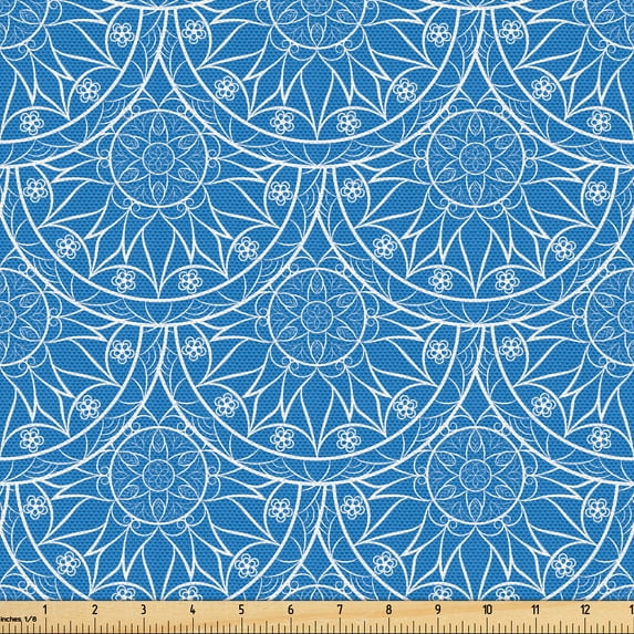 Ambesonne Blue Mandala Fabric by the Yard Upholstery, Monochrome Floral Art, 2 Yards, Sea Blue White