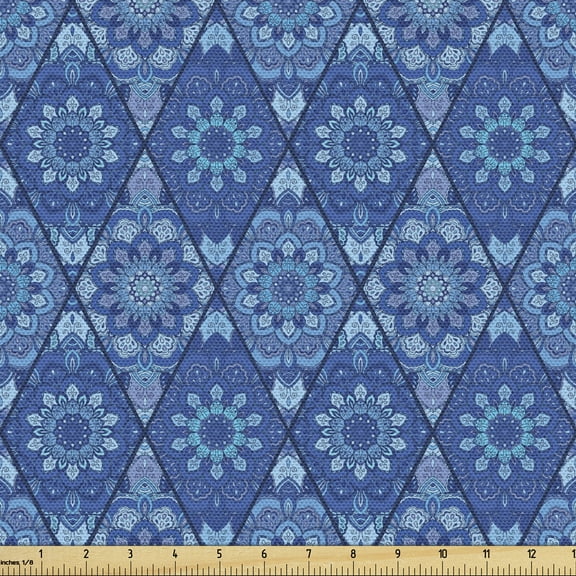 Ambesonne Blue Mandala Fabric by the Yard Upholstery, Rhombus Floral Boho, 2 Yards, Royal Blue Lavender