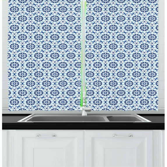 Ambesonne Blue Mandala Kitchen Curtains, Abstract Flower Motif, 55"x45", Royal Blue and Navy Blue