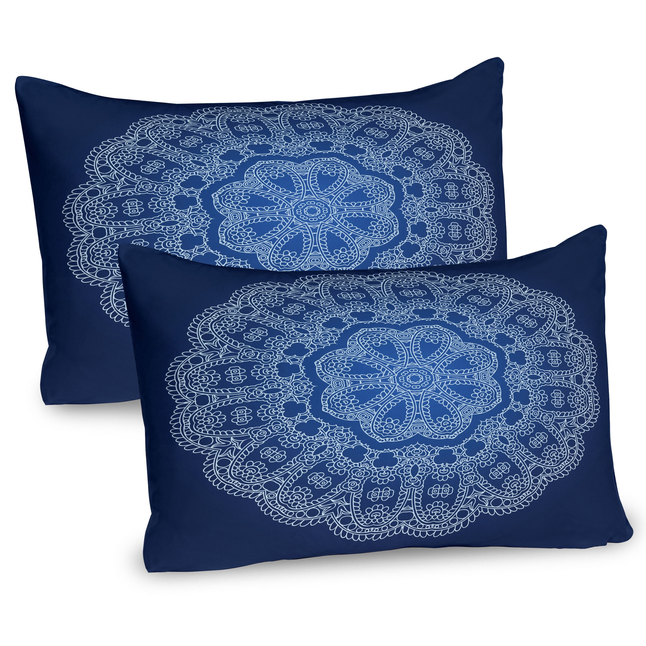 Dark Blue and White Mandala Microfiber Pillow Shams, 2 Pack, 20" x 30"