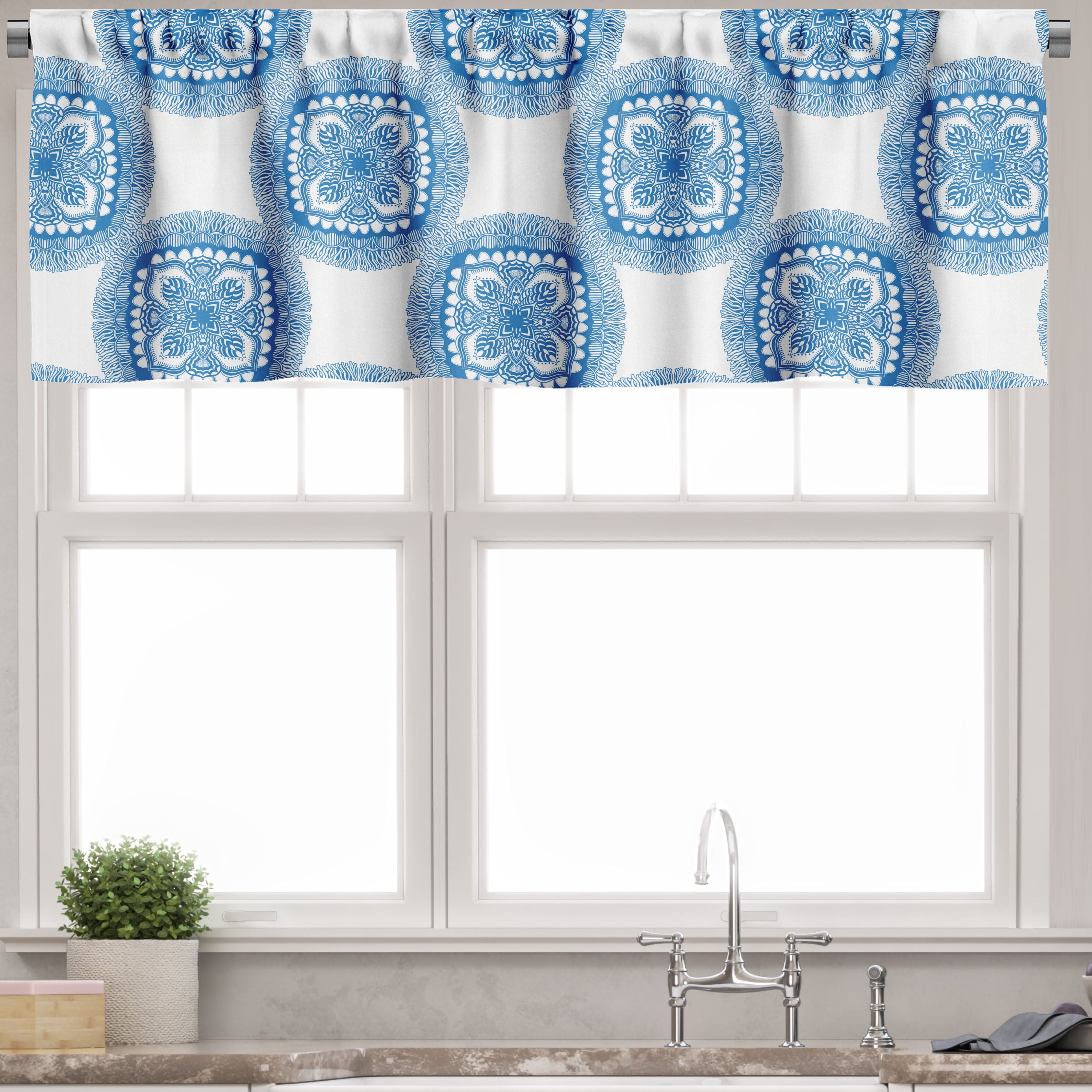 Ambesonne Blue Mandala Window Valance Oriental Floral Motif 54 X 18