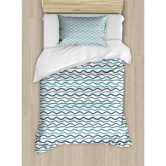 Ambesonne Blue Nautical Duvet Cover Sets, Horizontal Navy Shape, 2-Twin, White Blue